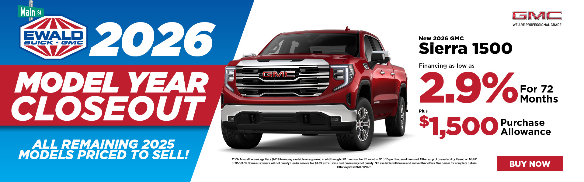 2026 GMC Sierra 1500 2.9% APR plus $1,500 purchase allowance