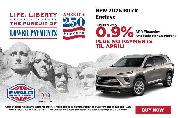 2026 Buick Enclave 0.9% APR for 36 Mo. + No Payments Til Apr