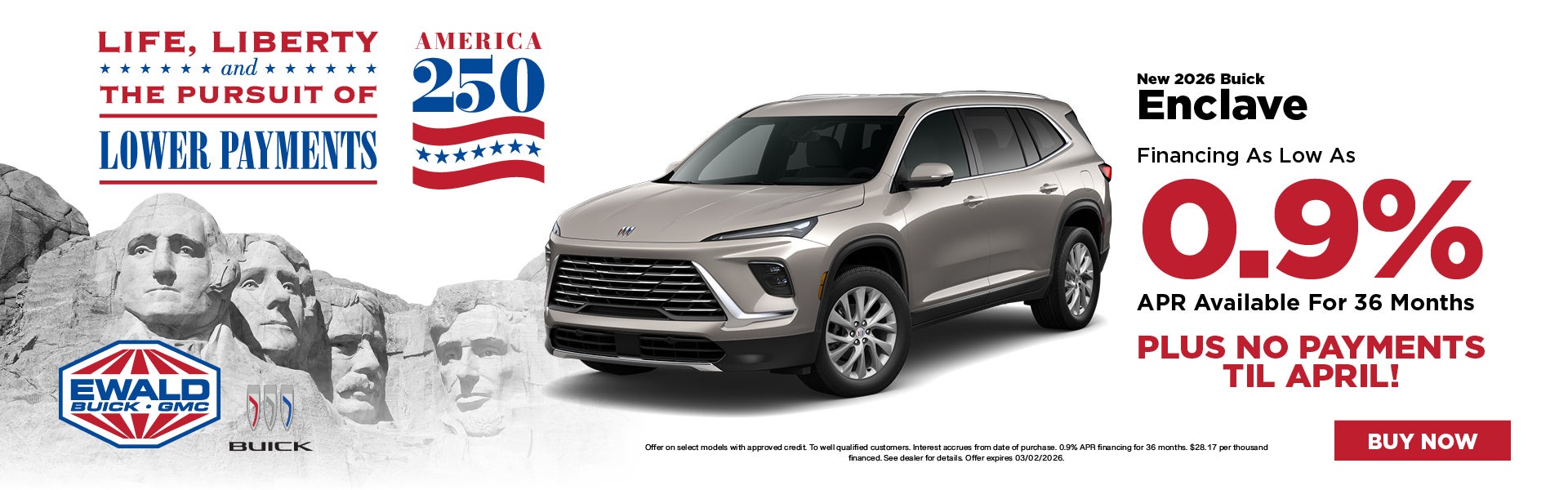 2026 Buick Enclave 0.9% APR for 36 Mo. + No Payments Til Apr