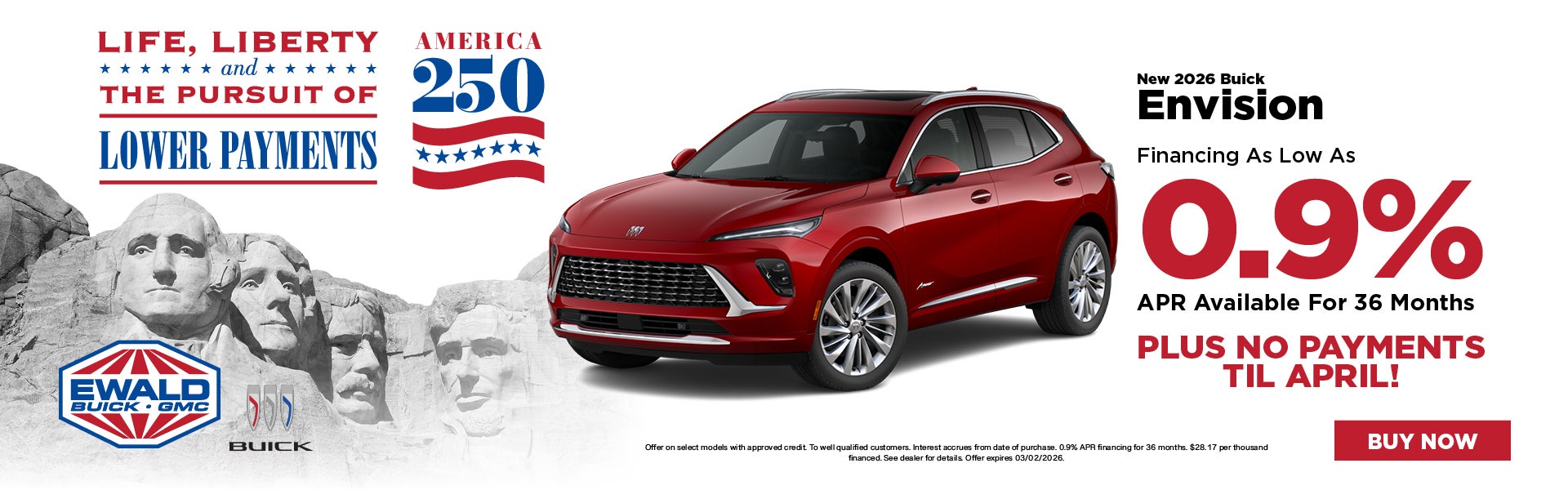 2026 Buick Envision 0.9% APR for 36 Mo. + No Payments Til Ap