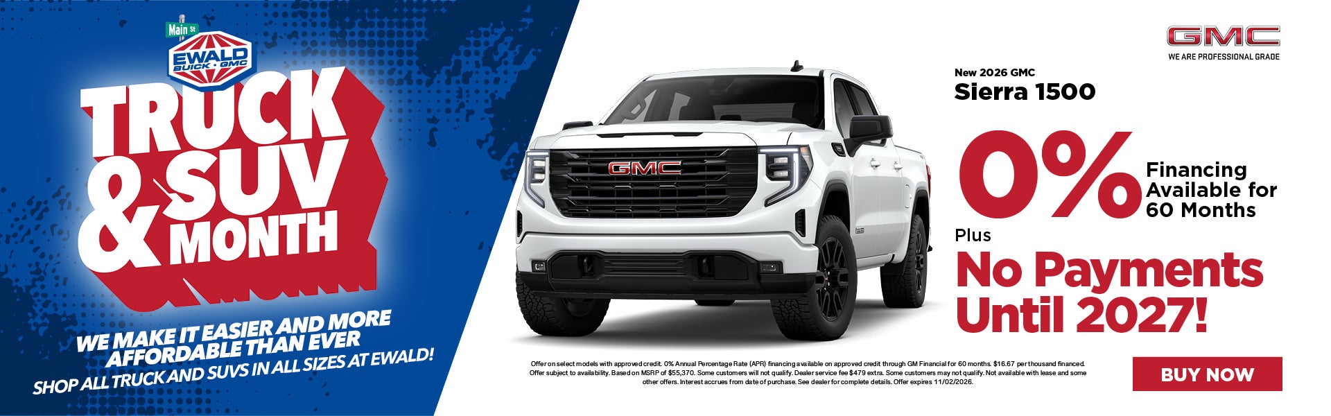 2026 GMC Sierra 1500 0% for 60 months No Payments Until 2027
